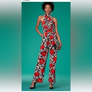 Diane Von Furstenberg Red and Black Floral Jumpsuit